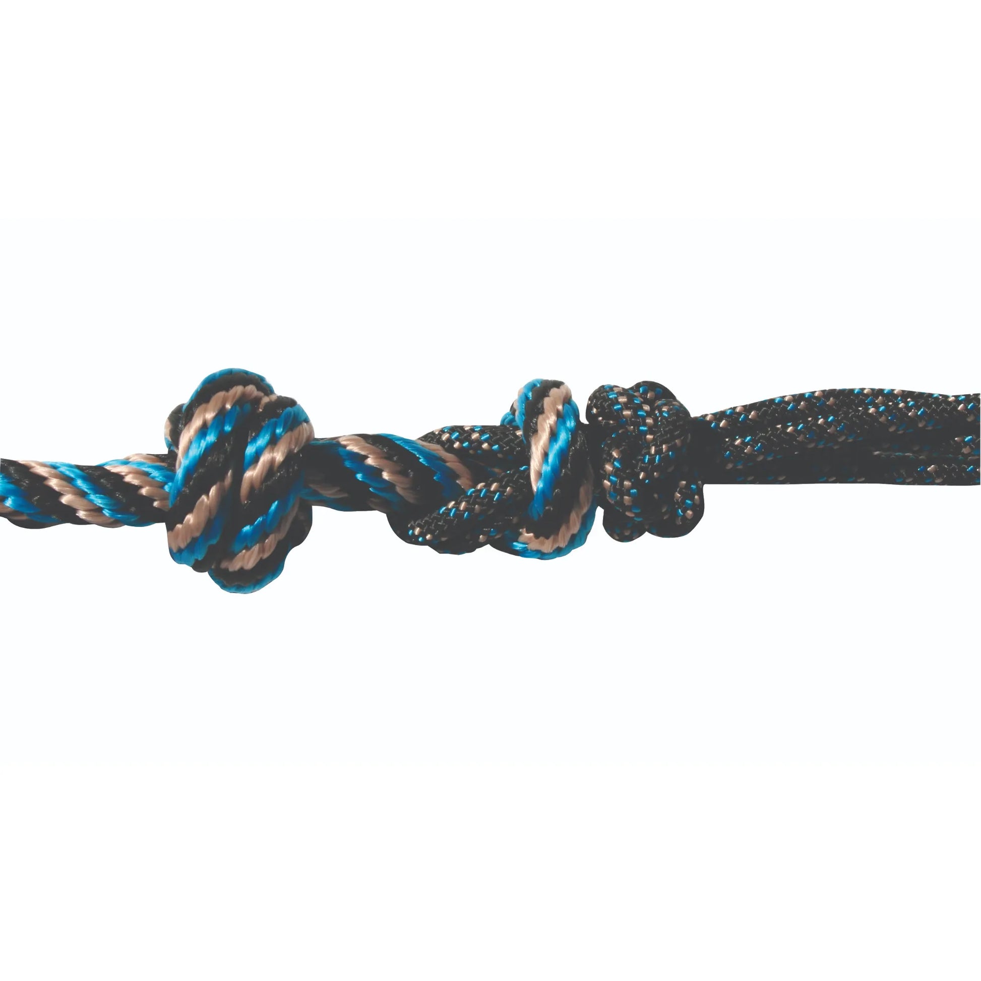 Professional’s Choice Rope Halter and 10' Lead featuring a durable, heavy-duty braided design in a stylish blue, black, and tan pattern. The close-up showcases the high-quality craftsmanship and secure knots, making it a reliable choice for horse training and everyday equestrian use. This essential piece of horse tack combines strength and professional performance for riders and trainers.