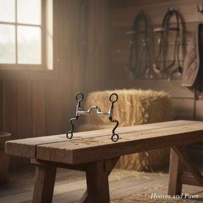 Myler Black Steel Seven Shank with Correctional Low Ported Barrel MB 27PB #89-13255 horse bit displayed on a rustic wooden bench in a sunlit barn with hay and tack in the background.