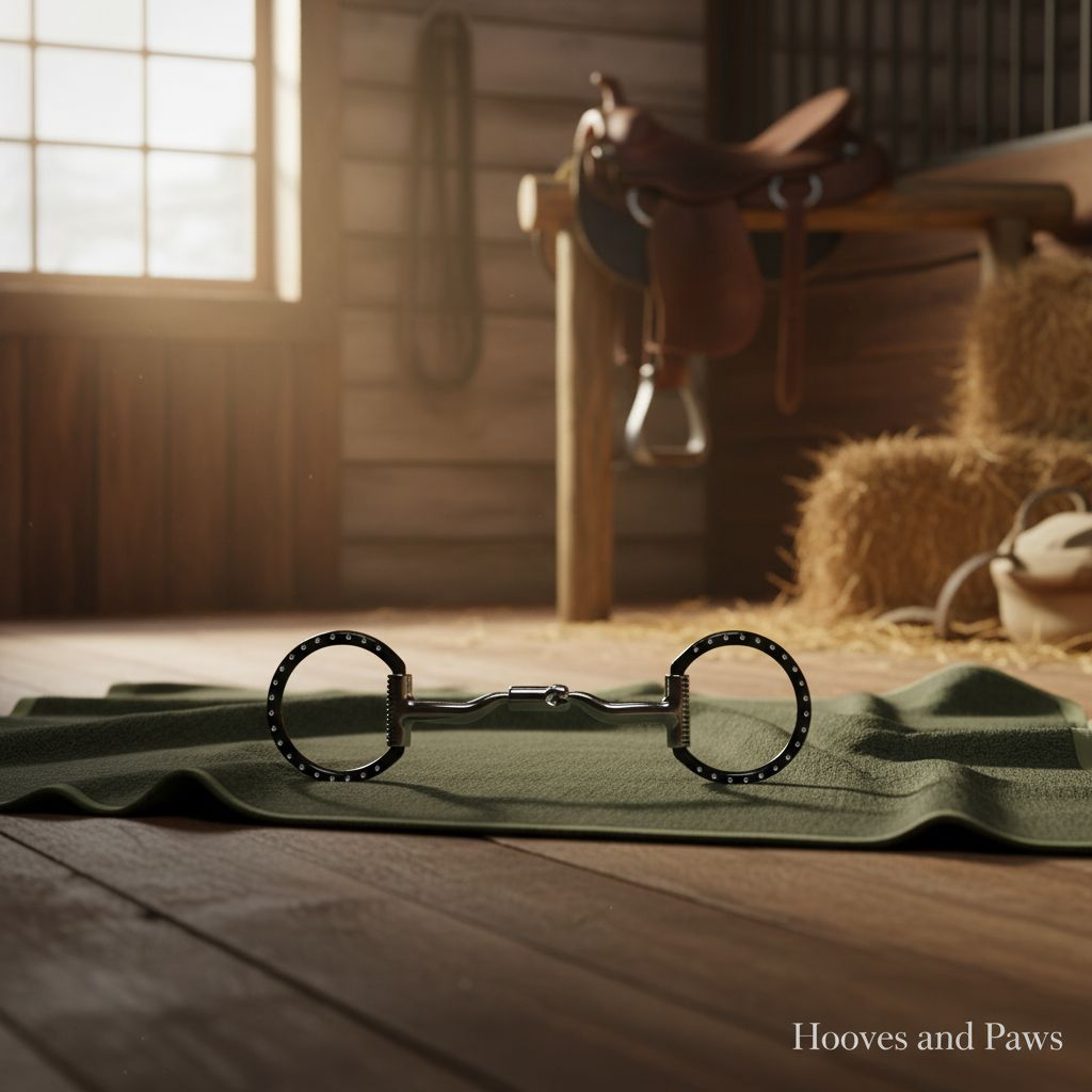 Myler Black 5-inch Steel Western Dee with Low Port Comfort Snaffle MB 04 bit, featuring black Dee rings with silver dots, on a green mat in a sunlit stable with a Western saddle and hay bales in the background.