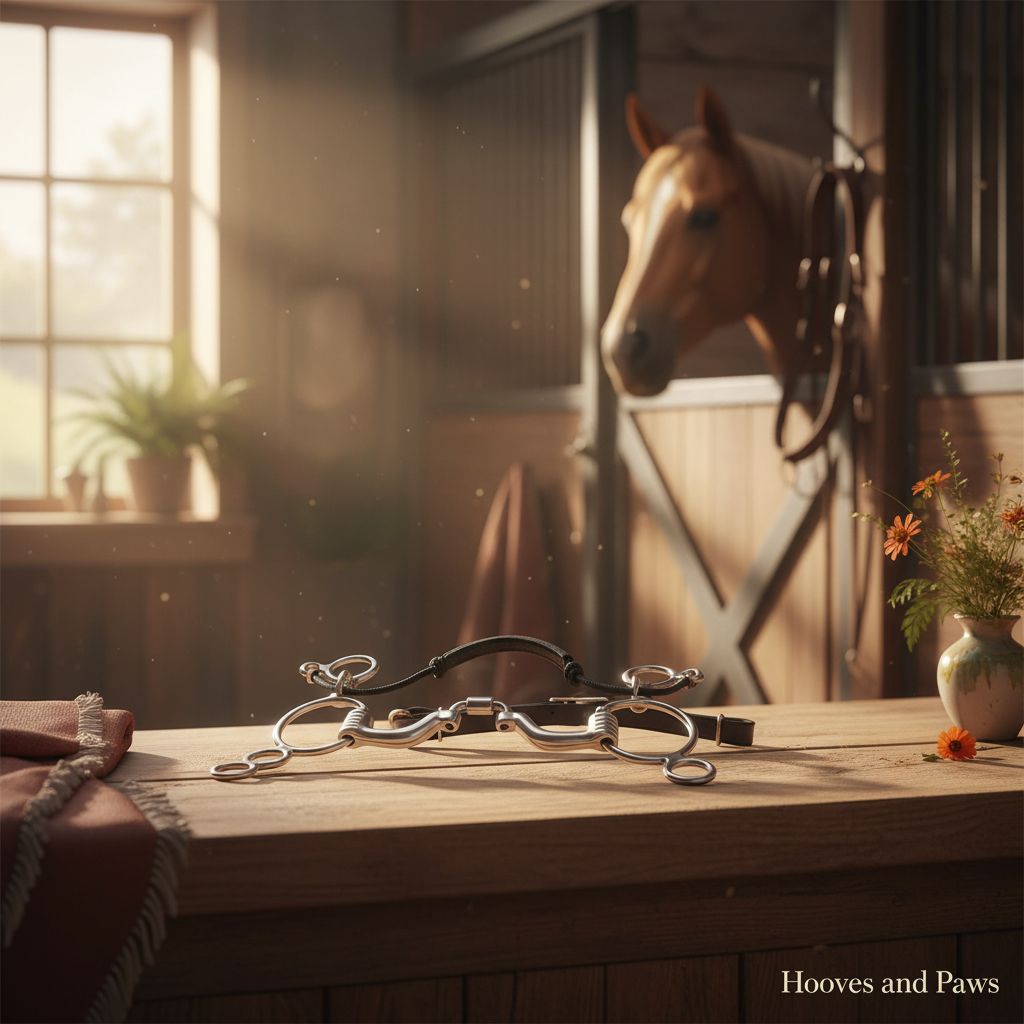 Myler 3-Ring Combination horse bit MB 41PB with Sweet Iron Correctional Ported Barrel on a wooden table in a sunlit stable with a horse in the background.