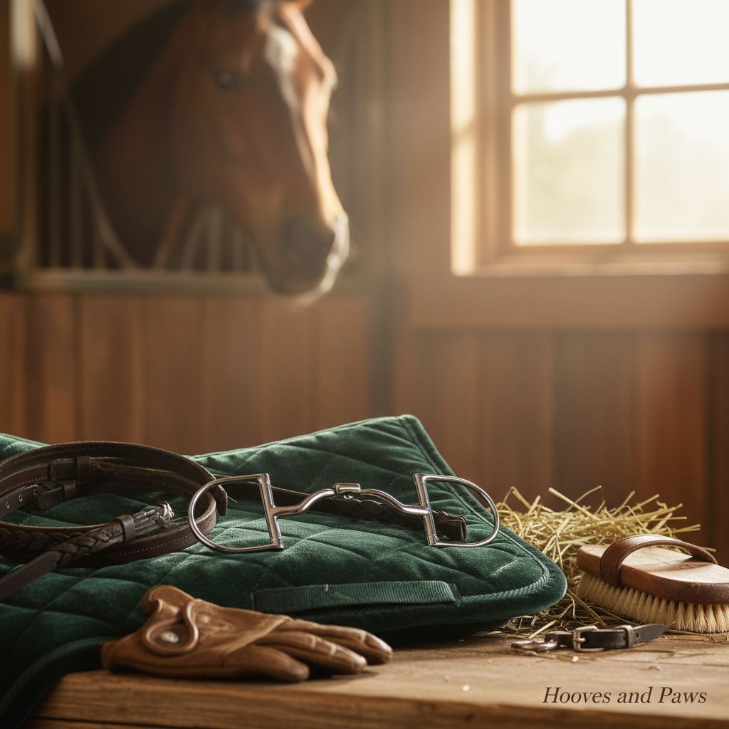 Myler 33WL Dressage Legal Dee Bit, wide ported, on a green quilted saddle pad, with leather riding gloves, grooming brush, and hay, a horse in a stable in the background.