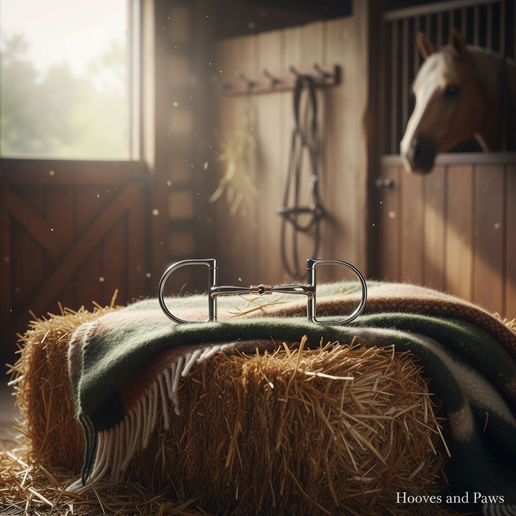 Myler MB 02 Comfort Snaffle horse bit with Stainless Steel Dee rings and copper inlay, resting on a striped wool blanket over a hay bale in a sunlit barn with a horse in a stall. Dressage legal equestrian tack.