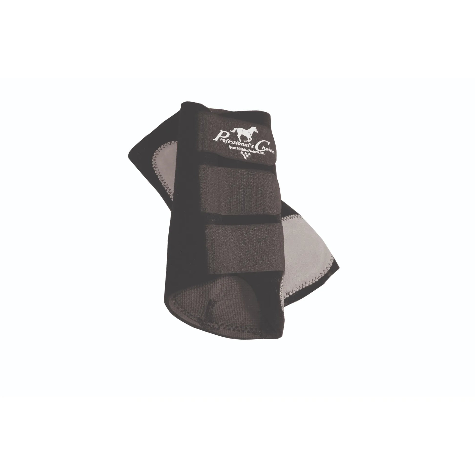 Professional's Choice Easy-Fit Splint Boots in black, offering superior protection for your horse with three adjustable hook-and-loop straps and a padded grey lining. These durable equestrian leg boots provide essential impact resistance for training or competition. High-quality equine sports medicine gear designed for a secure, comfortable fit.