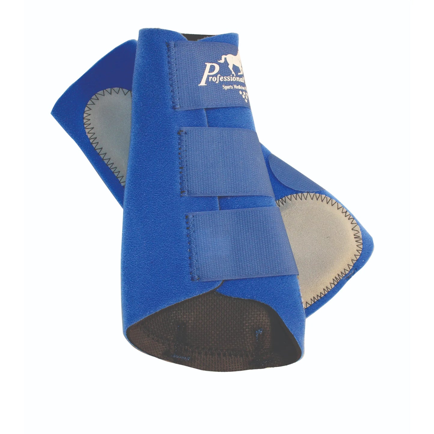 Royal blue Easy-Fit Splint Boots for horses featuring three secure hook-and-loop straps for a custom fit. These neoprene horse boots include a durable gray inner strike pad with reinforced stitching for superior impact protection. Ideal equestrian gear for protecting horse legs during training, exercise, or competition. High-quality professional sports medicine boots in a vibrant blue color.
