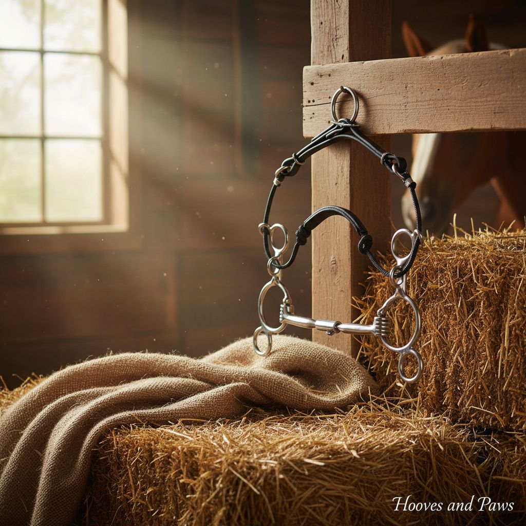 Myler MB 02 Combination Bit with sweet iron mouthpiece and black rope noseband, hanging from a barn beam, with hay bales and a horse visible in the rustic background.