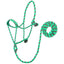 Eco-friendly Weaver Leather bamboo rope horse halter with an 8' lead in a mint green and charcoal grey braided pattern. This sustainable, soft-touch equestrian tack features a durable knotted design and integrated lead rope, perfect for natural horsemanship and training. A stylish, high-quality choice for eco-conscious horse owners.