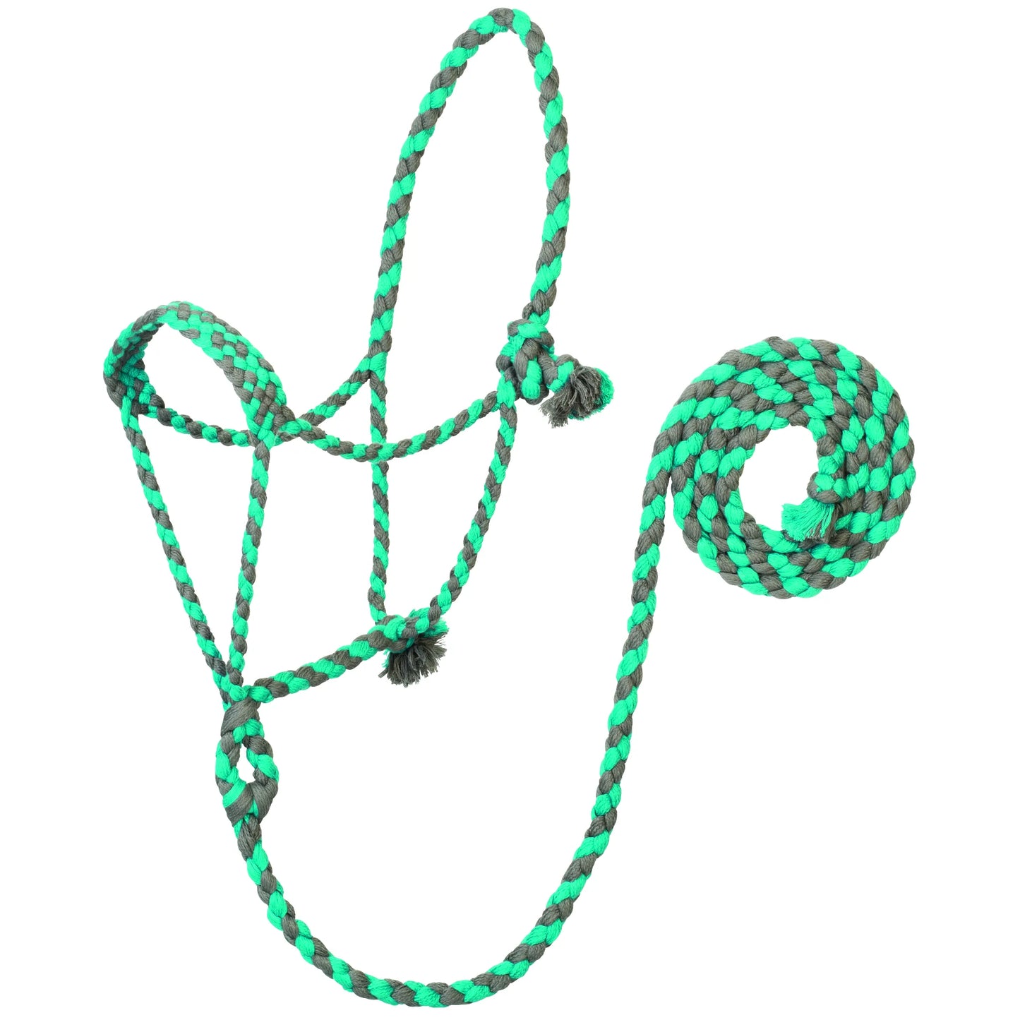 Eco-friendly Weaver Leather bamboo rope horse halter with an 8' lead in a mint green and charcoal grey braided pattern. This sustainable, soft-touch equestrian tack features a durable knotted design and integrated lead rope, perfect for natural horsemanship and training. A stylish, high-quality choice for eco-conscious horse owners.