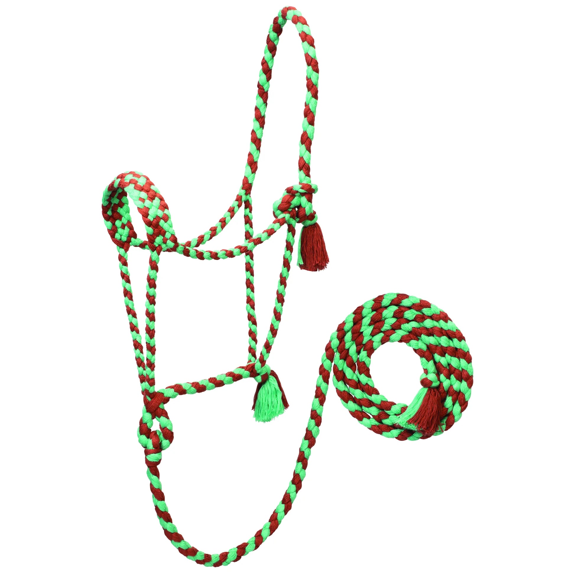 Eco-Friendly Bamboo Horse Halter with 8' Lead by Weaver Leather featuring a vibrant green and red braided pattern. This sustainable horse tack set is crafted from soft, natural bamboo fibers with decorative tassels at the knots. A matching coiled lead rope completes this durable, stylish training set. Perfect for eco-conscious horse owners and equestrian enthusiasts looking for high-quality, comfortable equipment.