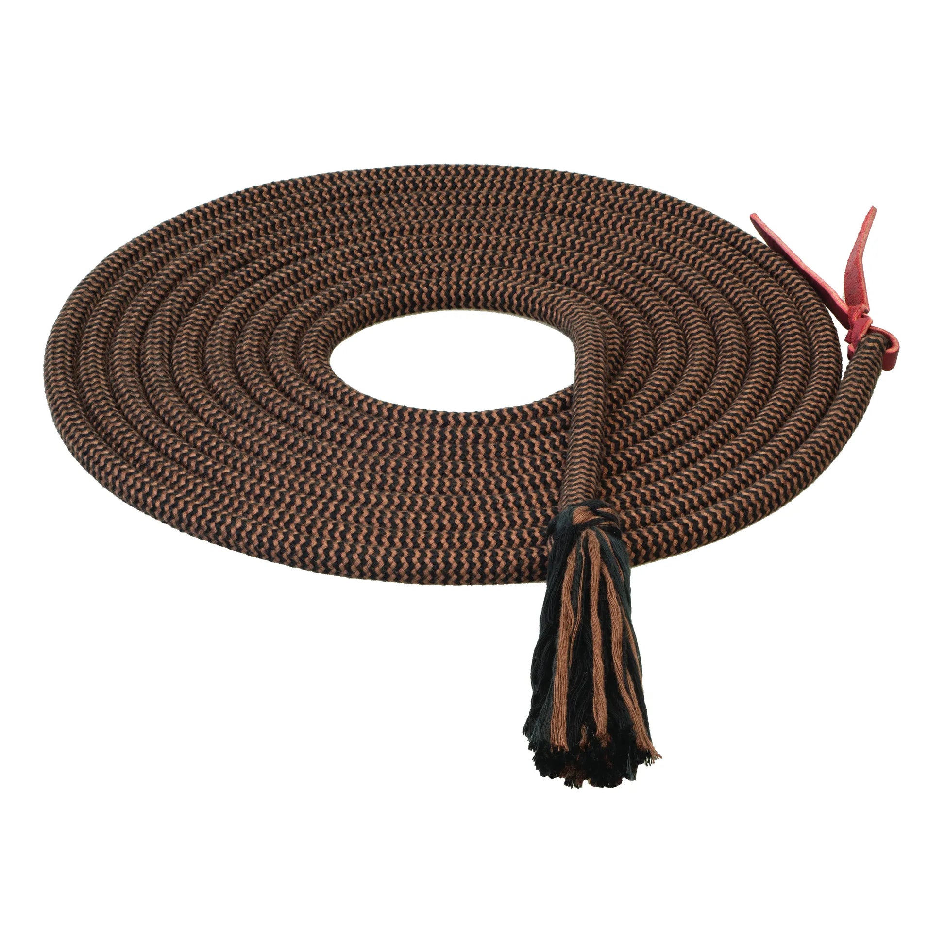 EcoLuxe Bamboo Round Mecate horse training rein in a brown and black braided pattern. This sustainable 1/2" x 22' equestrian lead rope features a traditional tassel end and a genuine leather popper. Perfect for natural horsemanship and western riding, the coiled bamboo mecate offers a soft feel and durable performance. An eco-friendly choice for premium horse tack.