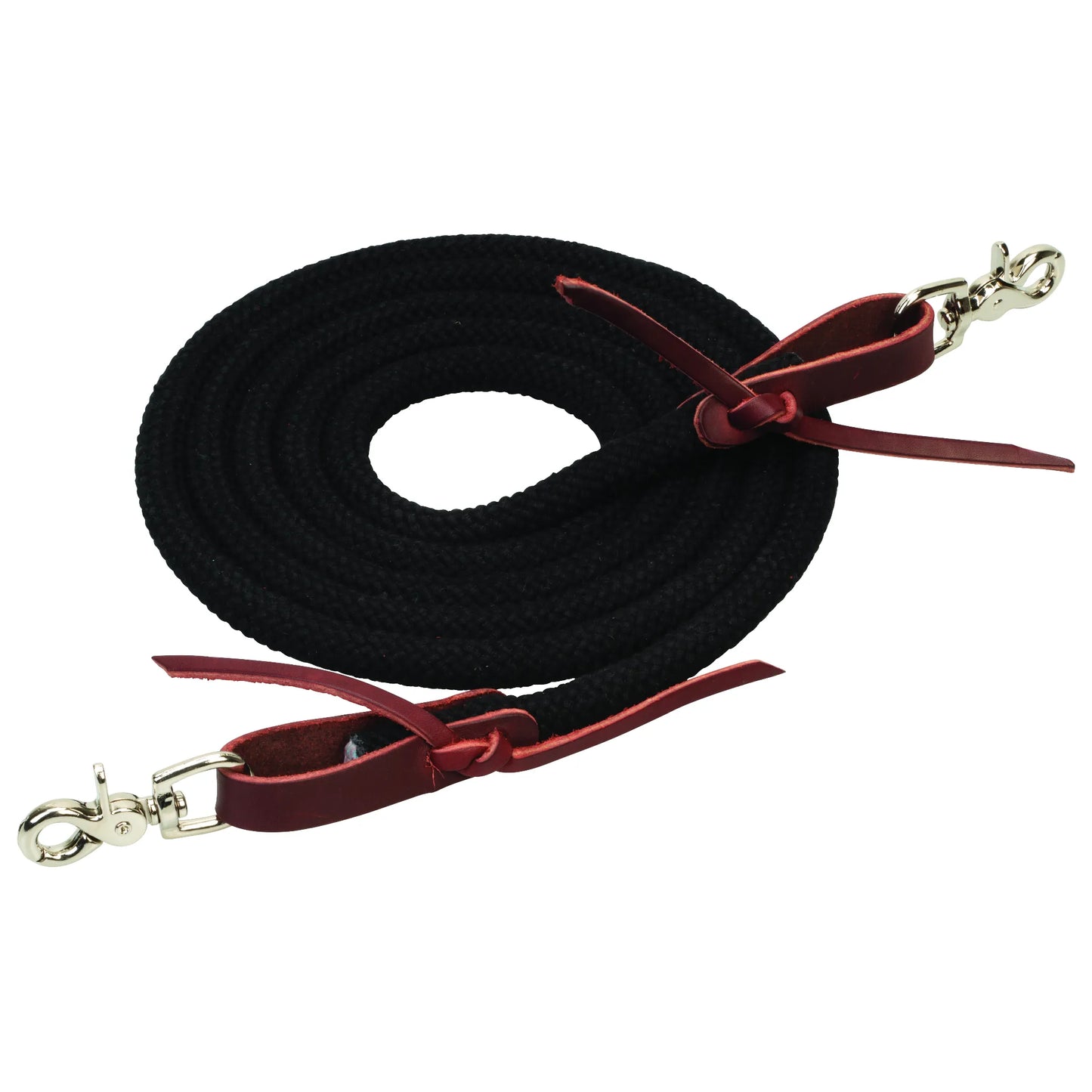 EcoLuxe Bamboo Trail Rein in black, featuring soft and durable braided bamboo rope for sustainable riding. This luxurious equestrian accessory is accented with rich burgundy leather ends and high-quality silver swivel snap hooks. Perfect for trail riding, these reins offer a comfortable grip and eco-friendly style for horse owners seeking premium western tack.