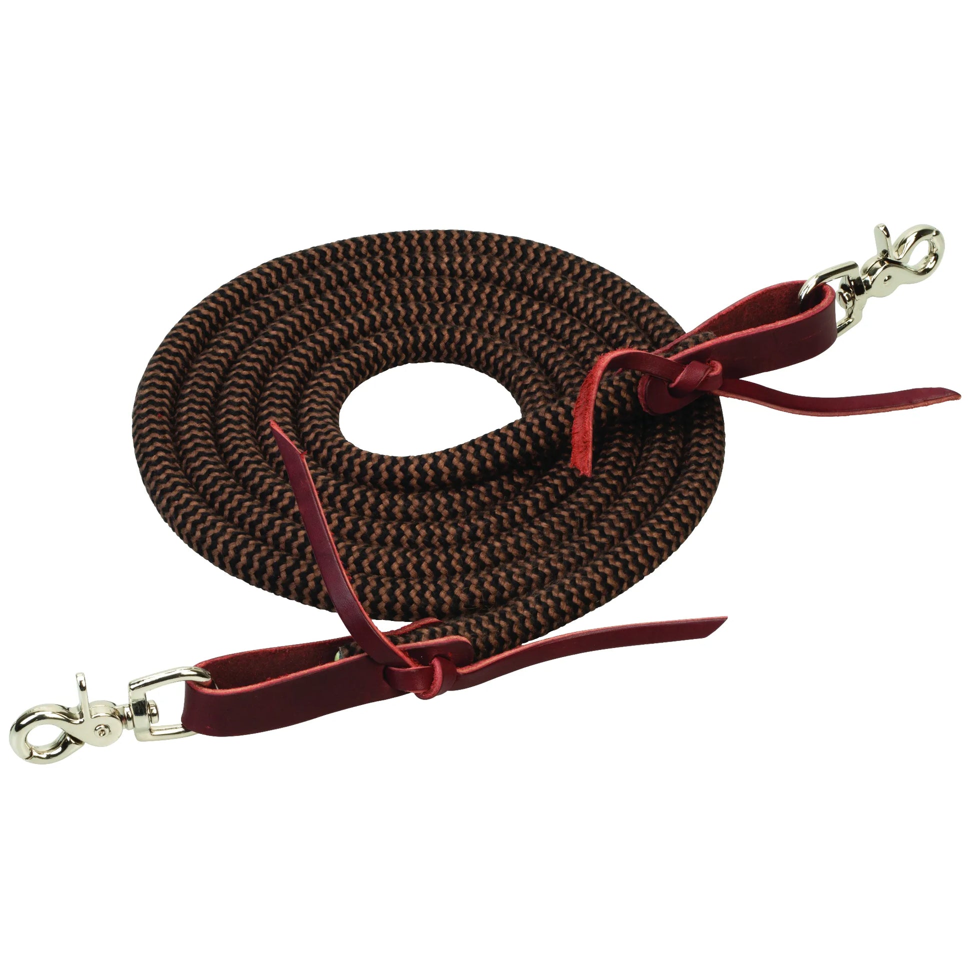 EcoLuxe Bamboo Trail Rein featuring a sustainable brown and black braided rope design. This high-quality horse tack includes burgundy latigo leather poppers and durable silver-tone snap hooks. Soft to the touch and eco-friendly, these luxurious reins are perfect for trail riding and daily equestrian use. Elevate your horse riding gear with this blend of sustainability and style.