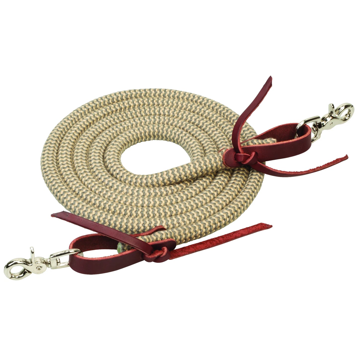 EcoLuxe Bamboo Trail Rein featuring a tan and sage green braided rope design, coiled for display. These sustainable equestrian reins include premium burgundy leather water loops with poppers and polished silver snap clips. Perfect for the eco-conscious rider, this luxurious horse tack offers a soft feel and durable grip for trail riding and western equestrian activities.