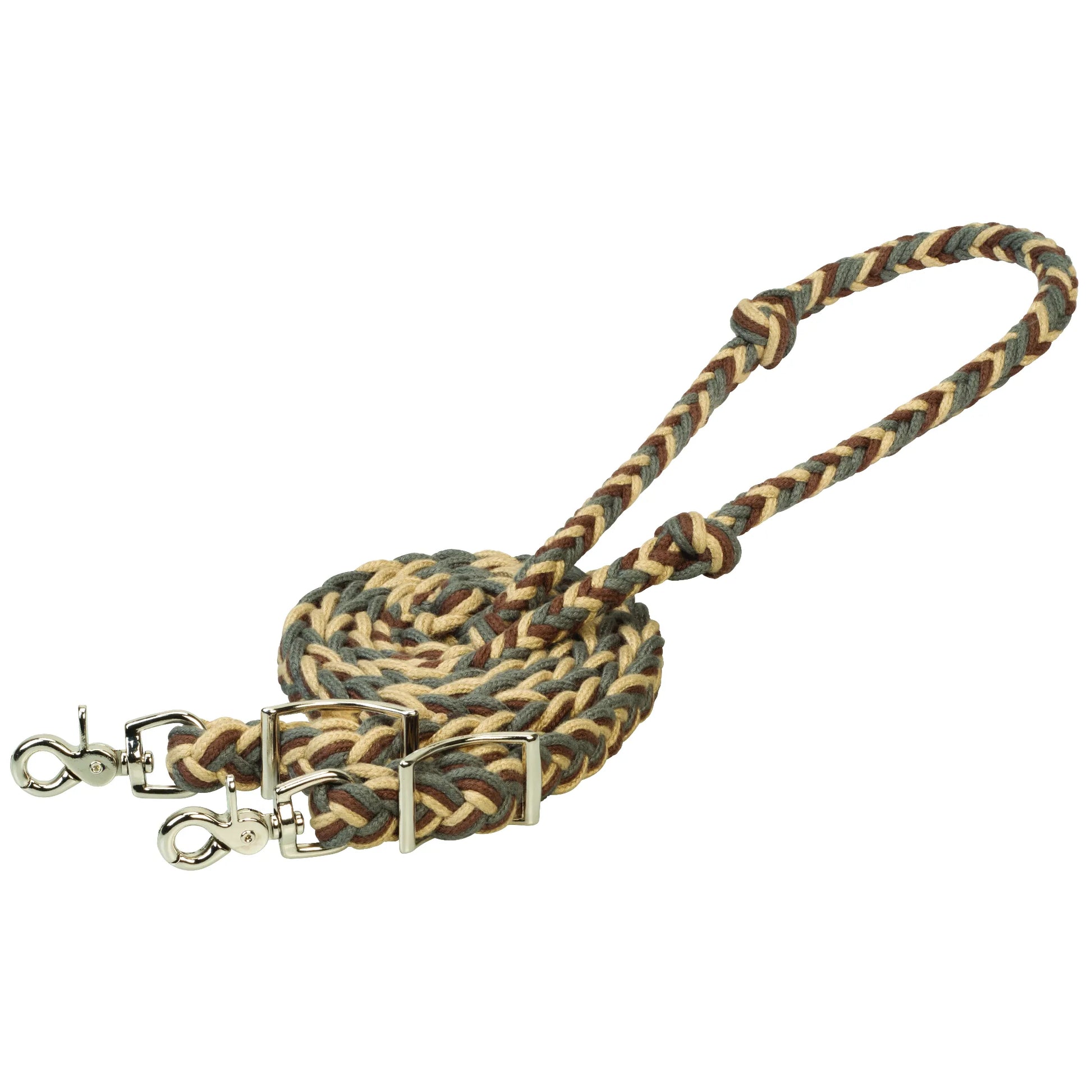 EcoLuxe™ Flat Barrel Reins for horse riding and barrel racing, featuring a sustainable flat-braided design in sage green, tan, and chocolate brown. These eco-friendly reins include adjustable silver Conway buckles and swivel trigger snaps for quick attachment. Ideal for western performance and trail riding, this durable tack combines a soft, comfortable grip with professional-grade strength.