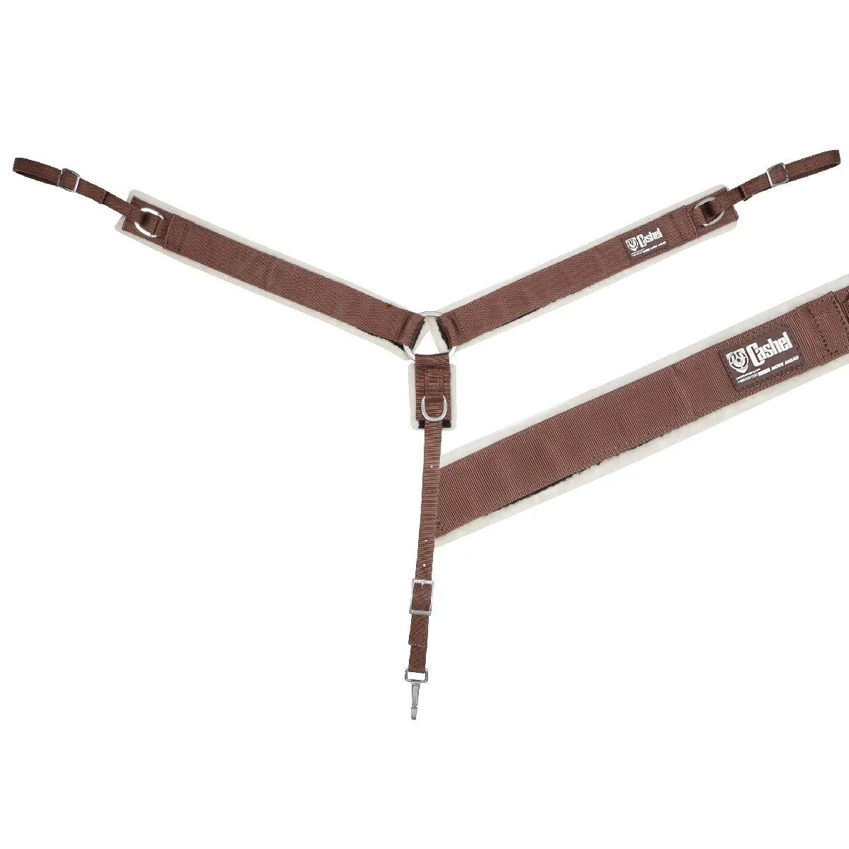 Equibrand Cashel 1-inch Fleece-Lined Breastcollar (BC100-BRN) in brown. This Y-shaped western horse tack features durable brown nylon webbing with soft, plush white fleece padding for horse comfort. Includes adjustable straps with silver buckles and a snap attachment. The zoomed-in detail highlights the Cashel logo and thick fleece lining, making it a stylish and functional choice for trail riding or daily equestrian work.