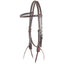 Equibrand Browband Headstall HB86SNT featuring 5/8-inch thick dark brown leather with classic white contrast stitching. This high-quality western bridle includes adjustable cheek pieces with silver-tone hardware and traditional leather bit ties. A stylish and durable horse headstall perfect for trail riding, training, or horse shows, combining professional performance with a timeless western look.