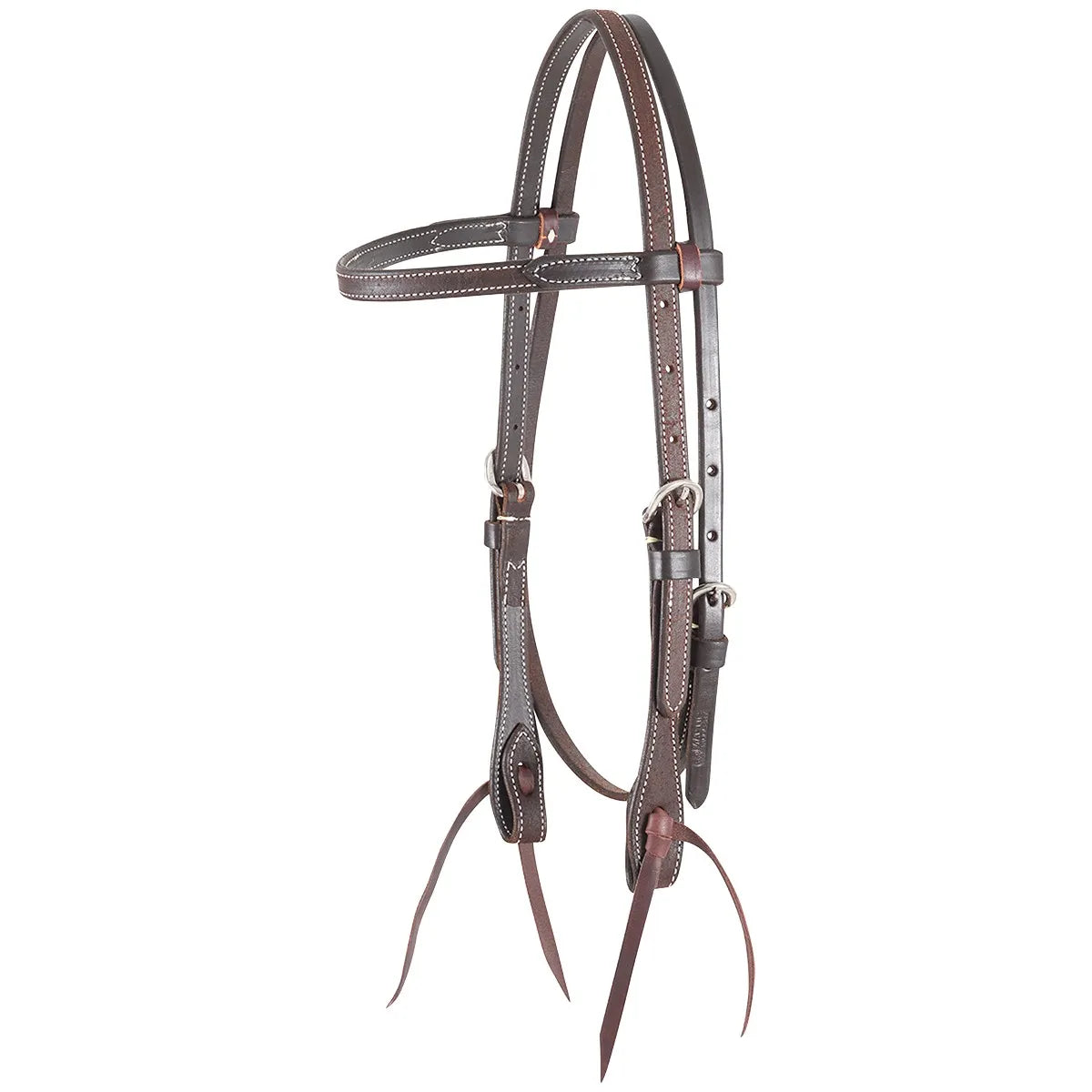 Equibrand Browband Headstall HB86SNT featuring 5/8-inch thick dark brown leather with classic white contrast stitching. This high-quality western bridle includes adjustable cheek pieces with silver-tone hardware and traditional leather bit ties. A stylish and durable horse headstall perfect for trail riding, training, or horse shows, combining professional performance with a timeless western look.