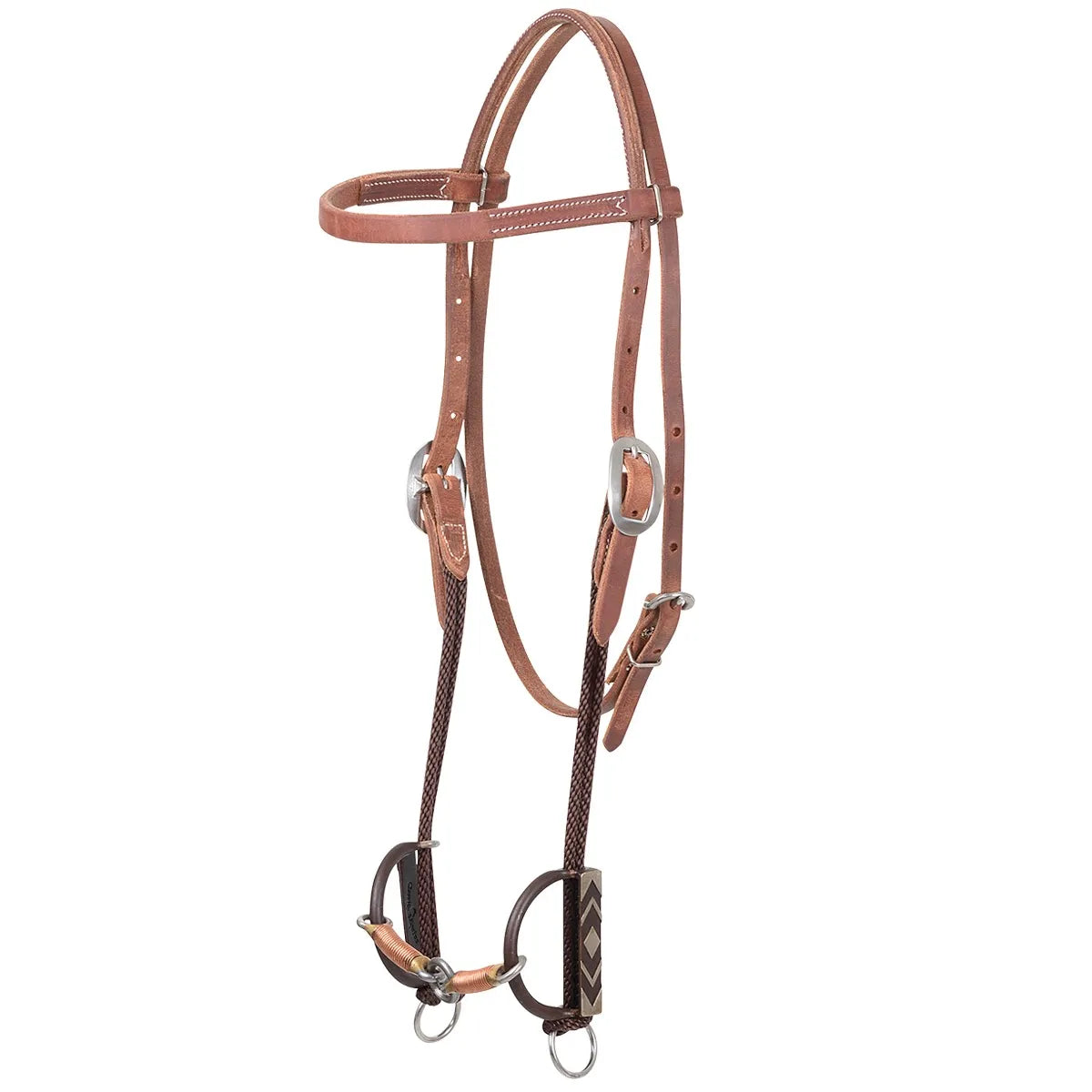 Equibrand Classic Equine Copper Lifesaver O-Ring Draw Bit (HBDDB323) paired with a premium brown leather browband headstall. This high-quality western horse bridle features adjustable silver-tone buckles, durable braided draw cords, and a copper lifesaver mouthpiece for soft leverage and control. A professional-grade training tool and performance horse tack designed for clear communication and durability.