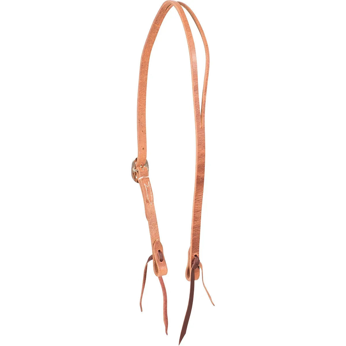Equibrand Split Ear Leather Headstall HI34H in natural harness leather. This classic western horse headstall features a single split ear design, durable cart buckles for quick adjustments, and leather tie-on bit ends for secure bit attachment. Ideal for ranch work, training, or trail riding, this high-quality leather tack provides a timeless aesthetic and rugged reliability for any equestrian.
