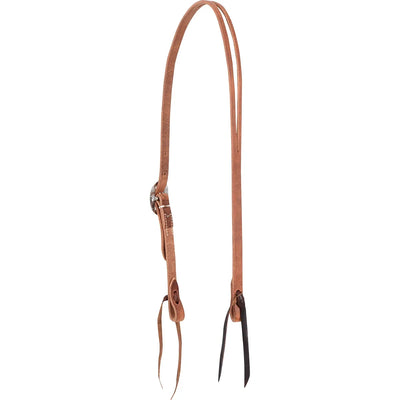 Equibrand HI58H Split Ear Leather Headstall crafted from durable tan harness leather. This minimalist Western horse headstall features classic silver cart buckles and functional tie bit ends. A high-quality piece of equestrian tack designed for durability and a traditional look, perfect for ranch work, training, or trail riding.