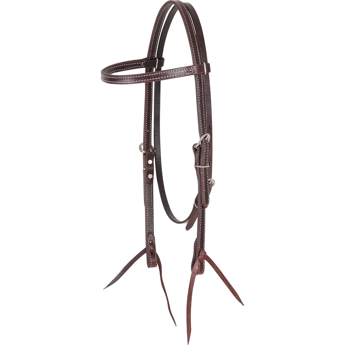Martin Saddlery Doubled and Stitched 5/8" Brown Leather Headstall (HB44158SL) featuring white contrast stitching. This high-quality western browband bridle includes durable leather construction, stainless steel buckles, and leather bit ties. A classic piece of equestrian horse tack ideal for training, ranch work, or trail riding.