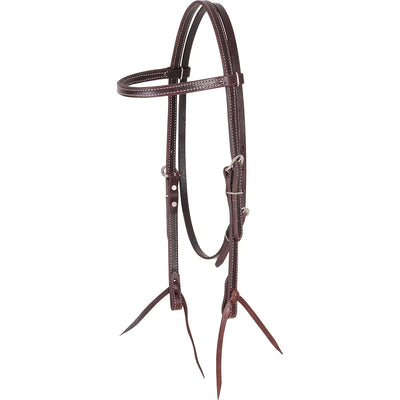 Martin Saddlery Doubled and Stitched 5/8" Brown Leather Headstall (HB44158SL) featuring white contrast stitching. This high-quality western browband bridle includes durable leather construction, stainless steel buckles, and leather bit ties. A classic piece of equestrian horse tack ideal for training, ranch work, or trail riding.