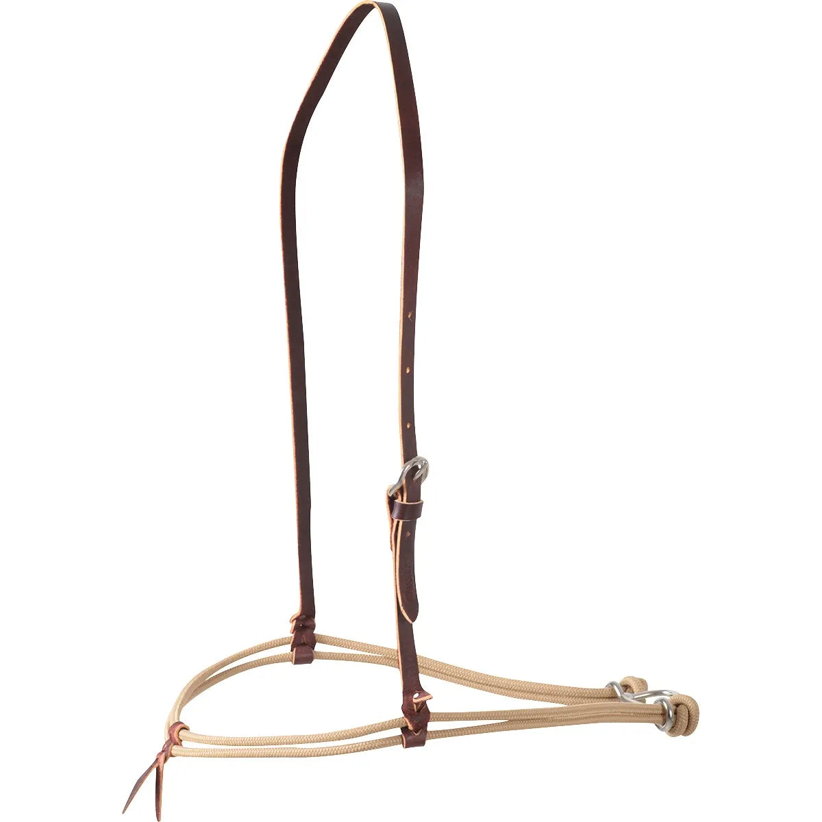 Equibrand Martin Saddlery Nylon Double Rope Noseband in tan, featuring a durable double-rope design and an adjustable dark brown leather crown strap with a silver-tone buckle. This high-quality western horse tack (NBDROPEB) is designed for training and control, combining functional nylon rope with premium leather craftsmanship. Perfect for equestrians seeking professional-grade equipment for their horse's headstall.