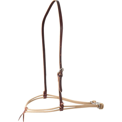 Equibrand Martin Saddlery Nylon Double Rope Noseband in tan, featuring a durable double-rope design and an adjustable dark brown leather crown strap with a silver-tone buckle. This high-quality western horse tack (NBDROPEB) is designed for training and control, combining functional nylon rope with premium leather craftsmanship. Perfect for equestrians seeking professional-grade equipment for their horse's headstall.