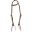 Equibrand Martin Saddlery Rawhide Laced Single Ear Headstall in Chocolate (HF23RLCH). This premium western horse tack features rich dark brown leather with decorative rawhide lacing on the single ear loop. Includes adjustable cheek pieces with silver-toned buckles and traditional leather tie-on bit ends. A stylish and durable piece of horse gear perfect for western performance, reining, or trail riding.