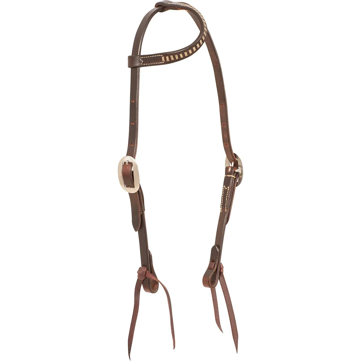 Equibrand Martin Saddlery Rawhide Laced Single Ear Headstall in Chocolate (HF23RLCH). This premium western horse tack features rich dark brown leather with decorative rawhide lacing on the single ear loop. Includes adjustable cheek pieces with silver-toned buckles and traditional leather tie-on bit ends. A stylish and durable piece of horse gear perfect for western performance, reining, or trail riding.
