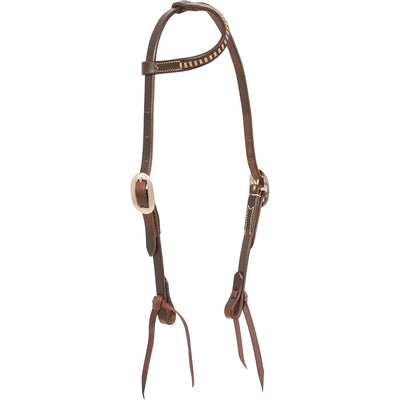 Equibrand Martin Saddlery Rawhide Laced Single Ear Headstall in Chocolate (HF23RLCH). This premium western horse tack features rich dark brown leather with decorative rawhide lacing on the single ear loop. Includes adjustable cheek pieces with silver-toned buckles and traditional leather tie-on bit ends. A stylish and durable piece of horse gear perfect for western performance, reining, or trail riding.