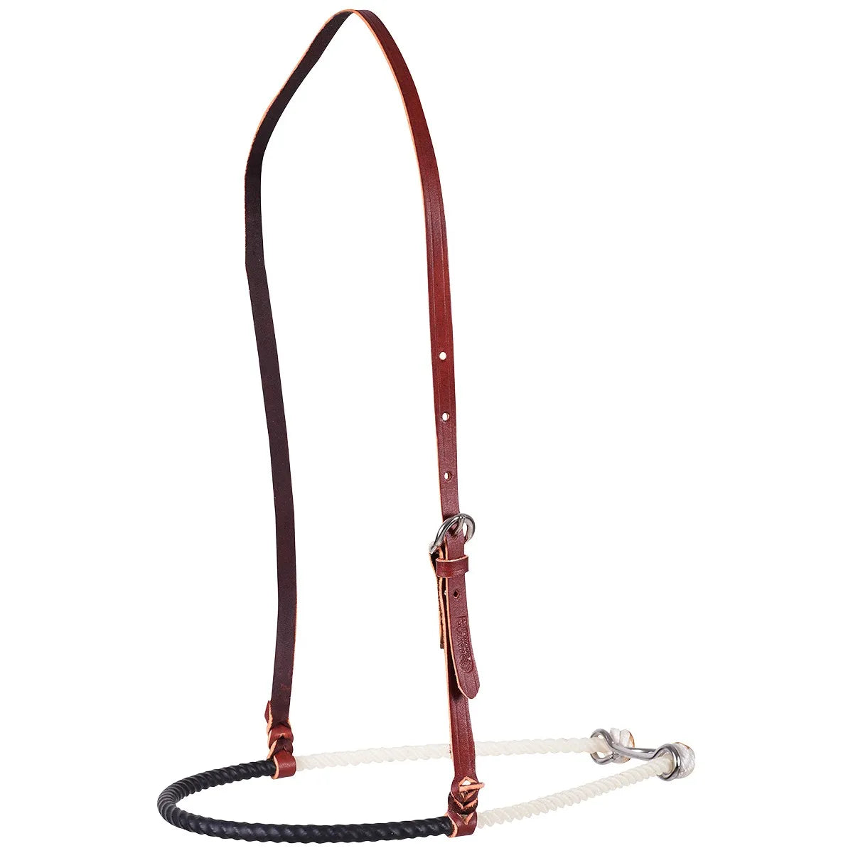 Equibrand Martin Saddlery Single Rope Shrink Tube Covered Noseband (NB100SRST) featuring a premium reddish-brown leather crownpiece and a black shrink-tubed rope noseband for enhanced control. This durable western horse tack includes white rope accents and stainless steel hardware with an adjustable buckle. A professional-grade sidepull noseband designed for training or daily riding, combining high-quality craftsmanship with a sleek, functional aesthetic for equestrians.