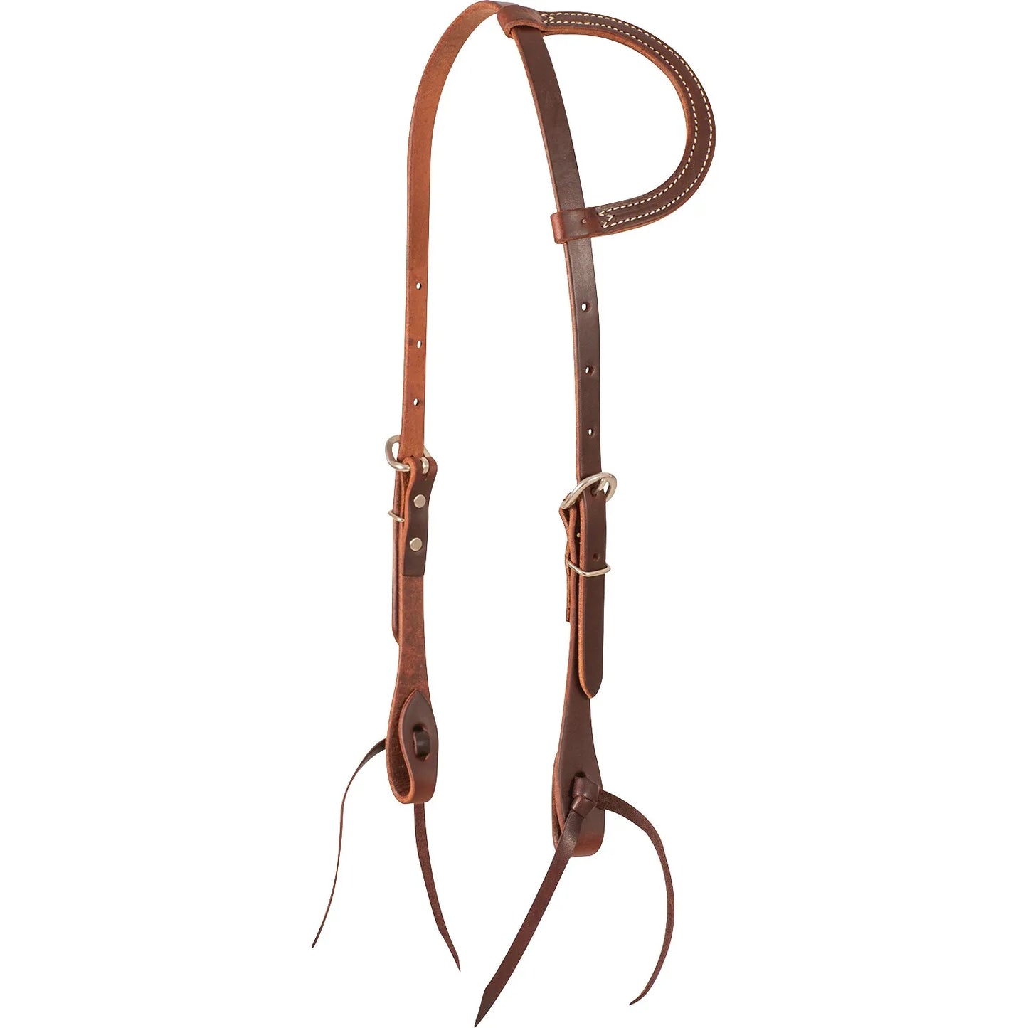 Martin Saddlery Value Series Slip Ear Plain Headstall (HS16CSS) in rich brown harness leather. This classic western horse headstall features a sliding single ear loop, adjustable cheek straps with stainless steel buckles, and secure tie-bit ends. A durable, minimalist choice for daily ranch work, trail riding, or training, offering a clean, traditional look for your equine gear collection.
