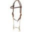 Equibrand Loomis Roughout Browband Headstall with Twisted Wire Draw Gag Bit. This western horse headstall features durable brown roughout leather with white stitching, adjustable silver buckles, and cream-colored nylon draw gag cords attached to a twisted wire snaffle bit. Designed for horse training and precision control in the arena. Model HBLGCR21.