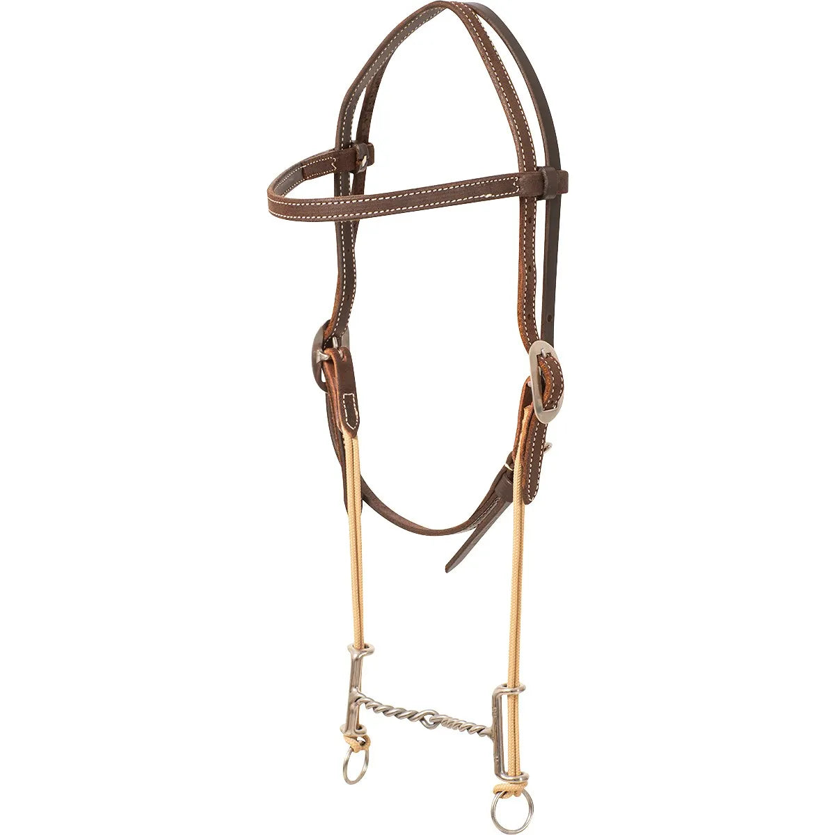 Equibrand Loomis Roughout Browband Headstall with Twisted Wire Draw Gag Bit. This western horse headstall features durable brown roughout leather with white stitching, adjustable silver buckles, and cream-colored nylon draw gag cords attached to a twisted wire snaffle bit. Designed for horse training and precision control in the arena. Model HBLGCR21.