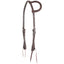 Equibrand Slip Ear Headstall Roughout HF86SNT in dark brown leather. This western horse bridle features a durable roughout finish with white contrast stitching and stainless steel hardware. The single-ear design offers a secure fit, while the adjustable cheek pieces and traditional leather tie-bit ends provide versatility for any horse. High-quality equestrian gear perfect for western performance, ranch work, or daily training.