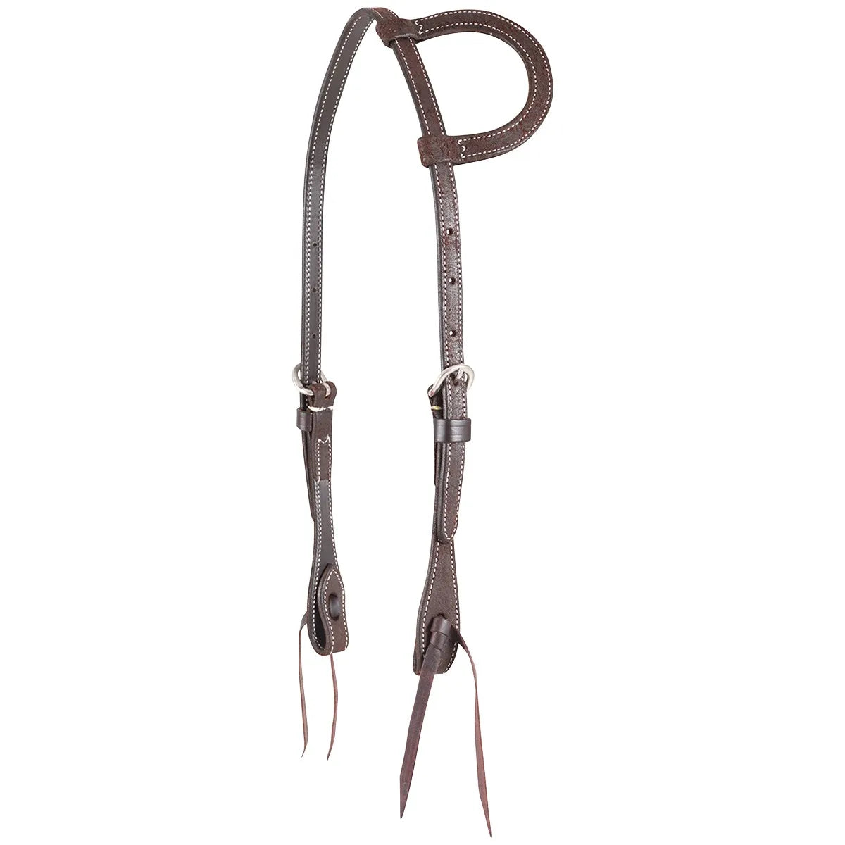 Equibrand Slip Ear Headstall Roughout HF86SNT in dark brown leather. This western horse bridle features a durable roughout finish with white contrast stitching and stainless steel hardware. The single-ear design offers a secure fit, while the adjustable cheek pieces and traditional leather tie-bit ends provide versatility for any horse. High-quality equestrian gear perfect for western performance, ranch work, or daily training.