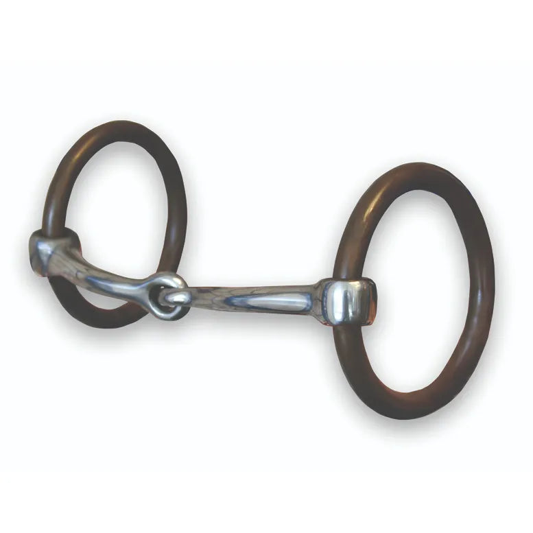 Equine O-Ring Signature Snaffle Bit featuring a smooth, jointed silver stainless steel mouthpiece and large dark copper-toned loose rings. This high-quality horse tack is designed for soft communication and clear signaling during training or performance. Ideal for various equestrian disciplines, this professional-grade snaffle bit combines durability with a sleek, classic design.