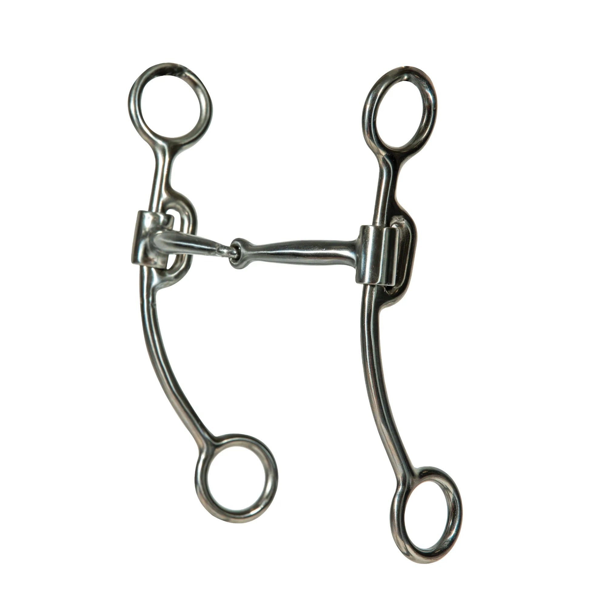 Equisential 7" Shank Correction Bit featuring a jointed mouthpiece with a swivel port and elegant curved stainless steel shanks. Designed for western riding, this durable horse bit provides enhanced control and encourages salivation. Perfect for intermediate to advanced training, it combines a sleek polished finish with functional design for precise communication between horse and rider.