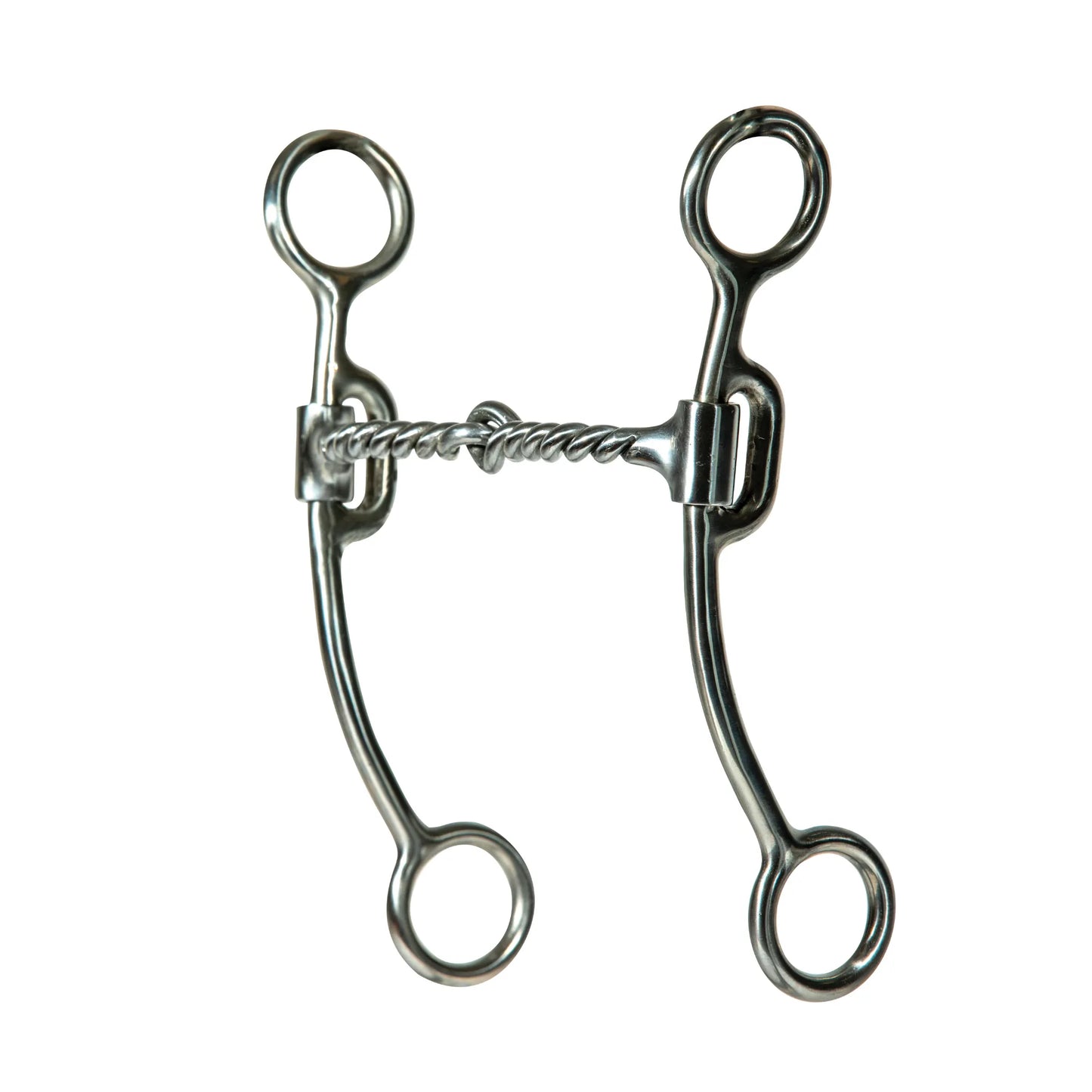 Equisential 7" Shank Correction Bit made of high-polish stainless steel. Features a twisted wire mouthpiece with a jointed port designed for enhanced control and to promote salivation. The 7-inch curved shanks provide leverage for refined communication. This professional-grade Western curb bit is ideal for horse training and everyday riding, offering a sleek look and functional performance for any equestrian tack collection.