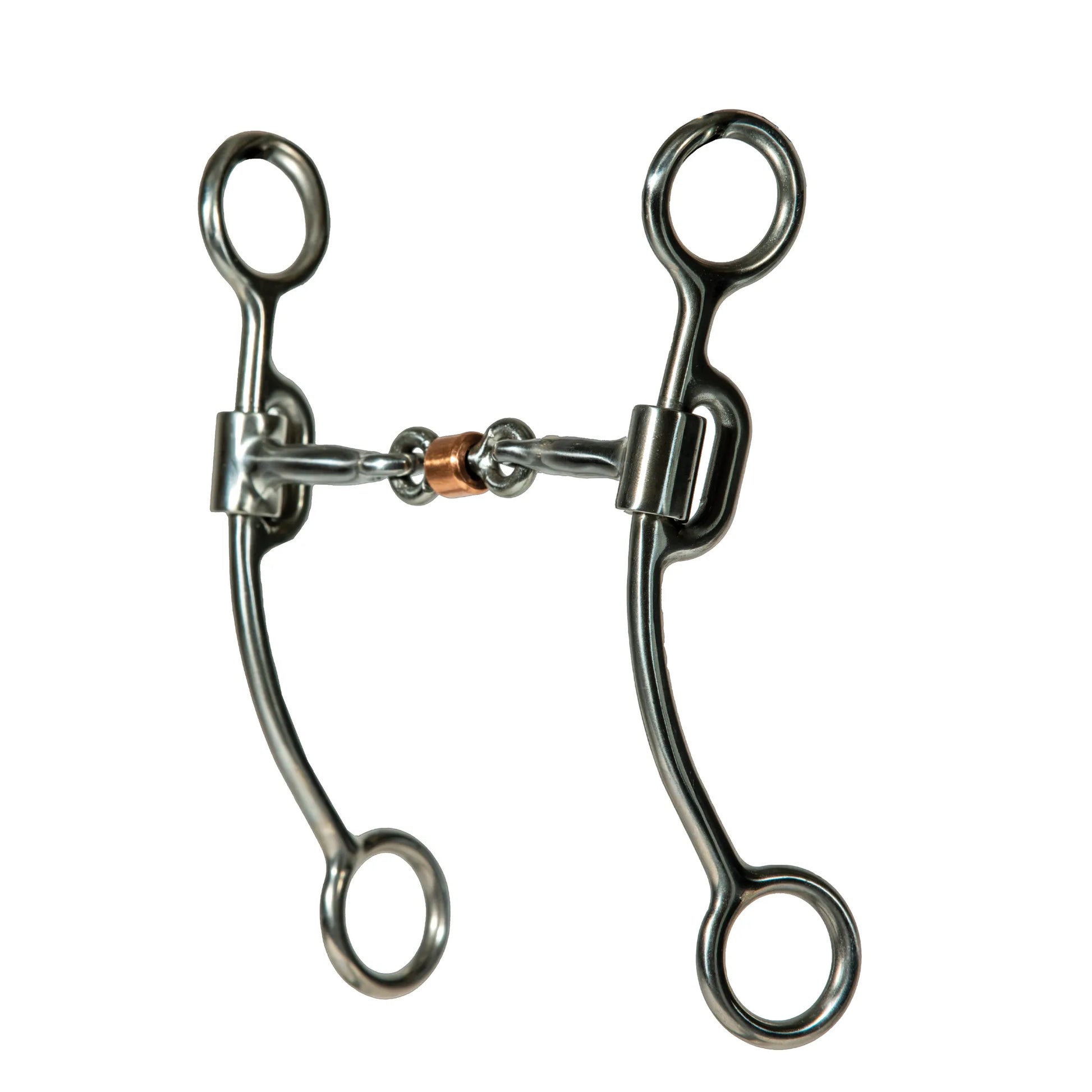 Equisential 7" Shank Correction Bit crafted from durable stainless steel. This horse bit features a four-way swivel correction mouthpiece with a central copper roller to promote salivation and relaxation. Its 7-inch curved shanks offer excellent leverage and refined control for western riding. A must-have piece of horse tack for riders seeking better communication and responsiveness.