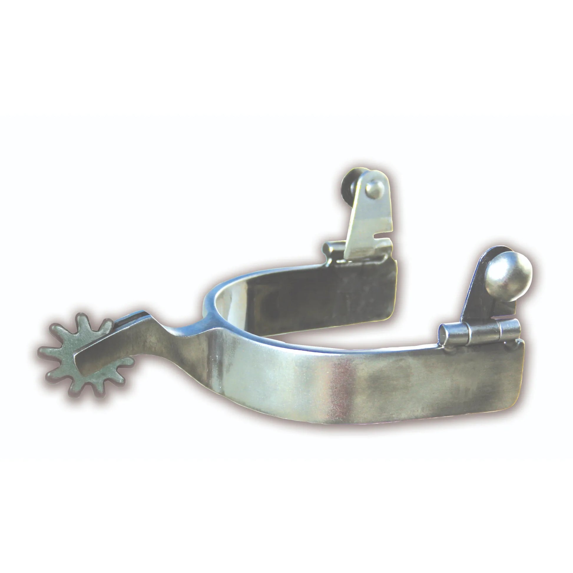 Equisential Cowgirl Spurs by Professionals Choice, high-quality stainless steel Western riding spurs. This silver-toned spur features a classic U-shaped heel band, a curved shank, and a ten-point star-shaped rowel. Designed for cowgirls, these durable spurs include swinging buttons for easy strap attachment. Perfect for Western horse riding, barrel racing, and training, offering a sleek look and reliable performance for every equestrian.