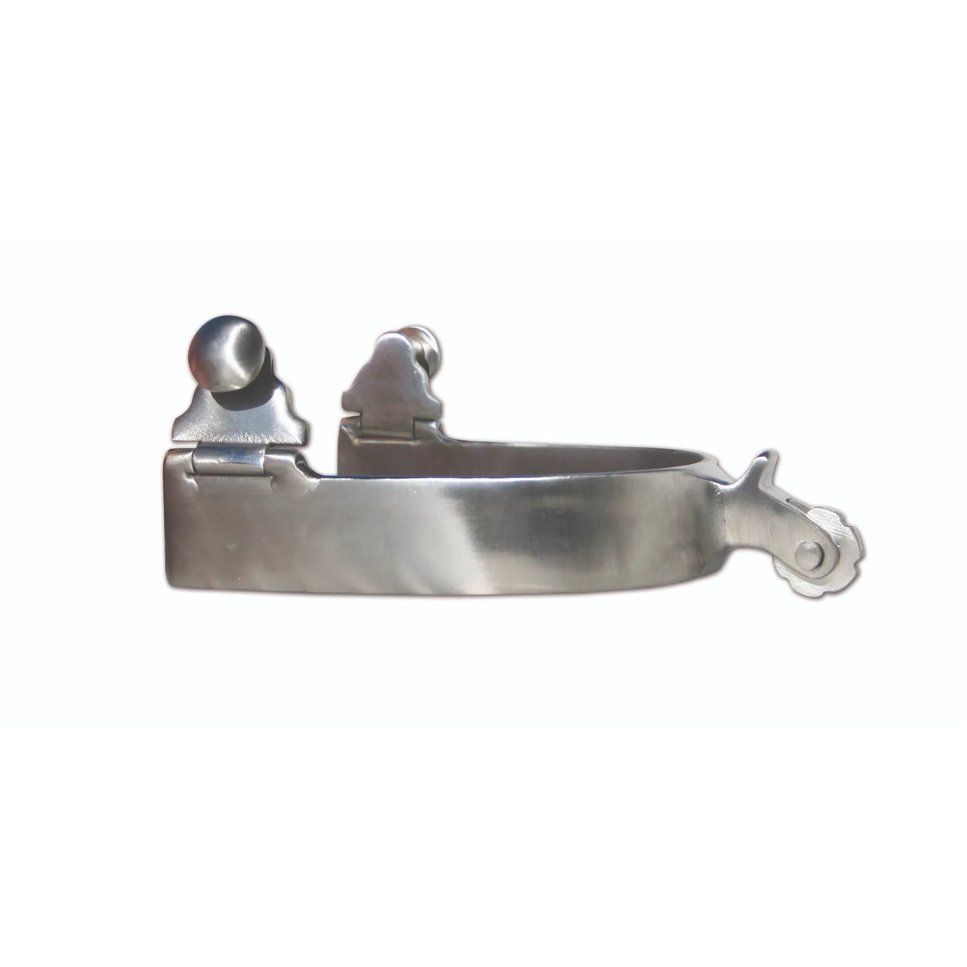 Equisential short shank spurs in polished silver, featuring a gentle rosebud rowel with scalloped edges for soft, effective communication. These high-quality stainless steel equestrian spurs include hinged strap buttons and a smooth heel band, offering a professional look and mild horse cues for training or pleasure riding.