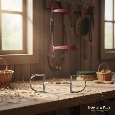 Myler 5-inch English Dee horse bit with hooks and comfort snaffle copper roller, displayed on a hay-strewn wooden stable workbench with equestrian tack in a sunlit barn.