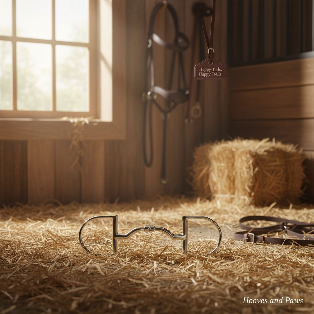 Silver Myler 33WL Wide Ported Barrel Snaffle dressage legal bit lies on straw in a sunlit barn, with a leather bridle and hay bale in the background.