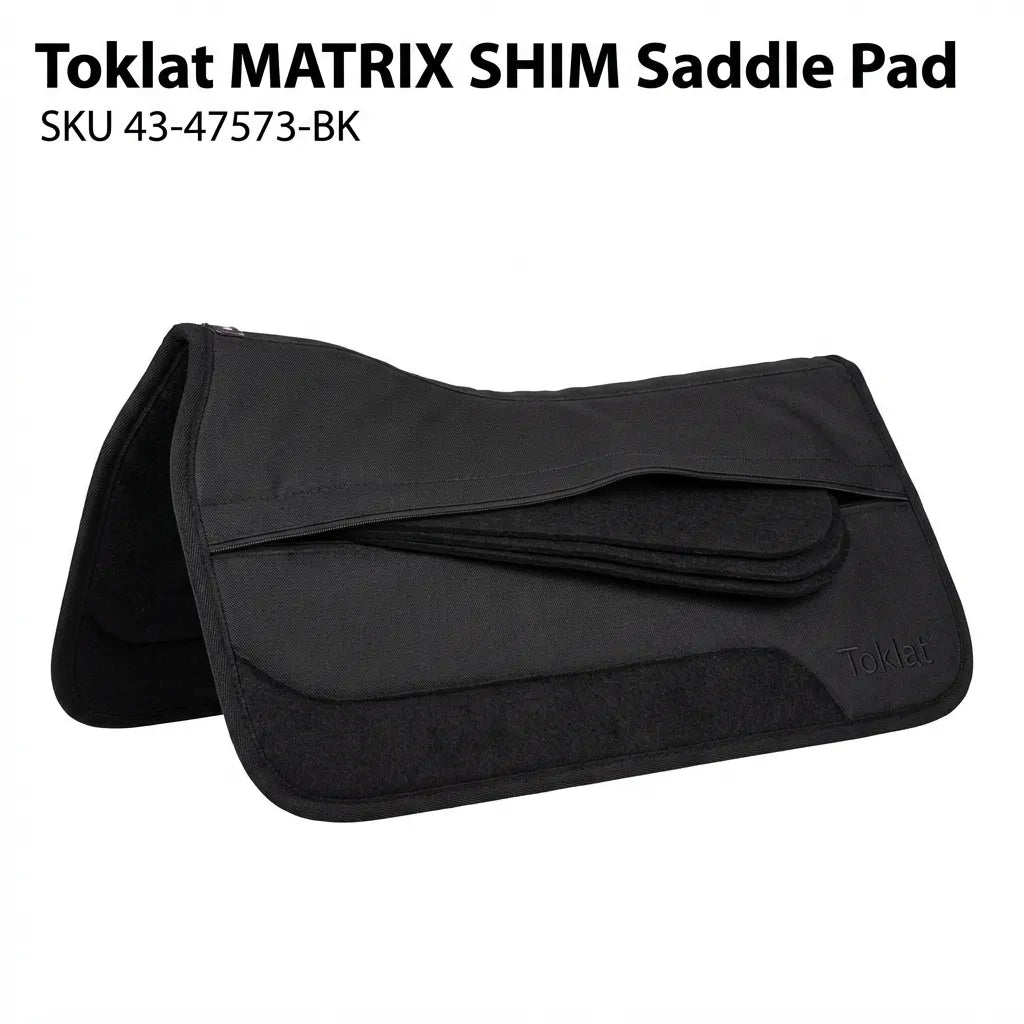 Here are three distinct, high-fidelity images of the Toklat MATRIX SHIM Saddle Pad, SKU 43-47573-BK, generated based on your request.

### 1. Studio Hero Shot