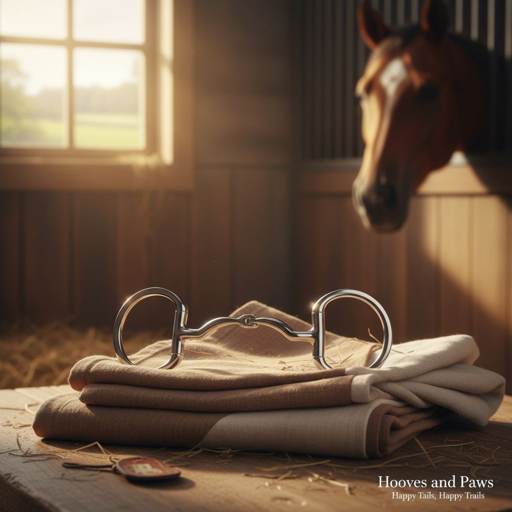 Myler 33WL Eggbutt Snaffle wide port horse bit for dressage and tongue relief, resting on folded saddle pads in a sunlit stable, with a horse looking from its stall.
