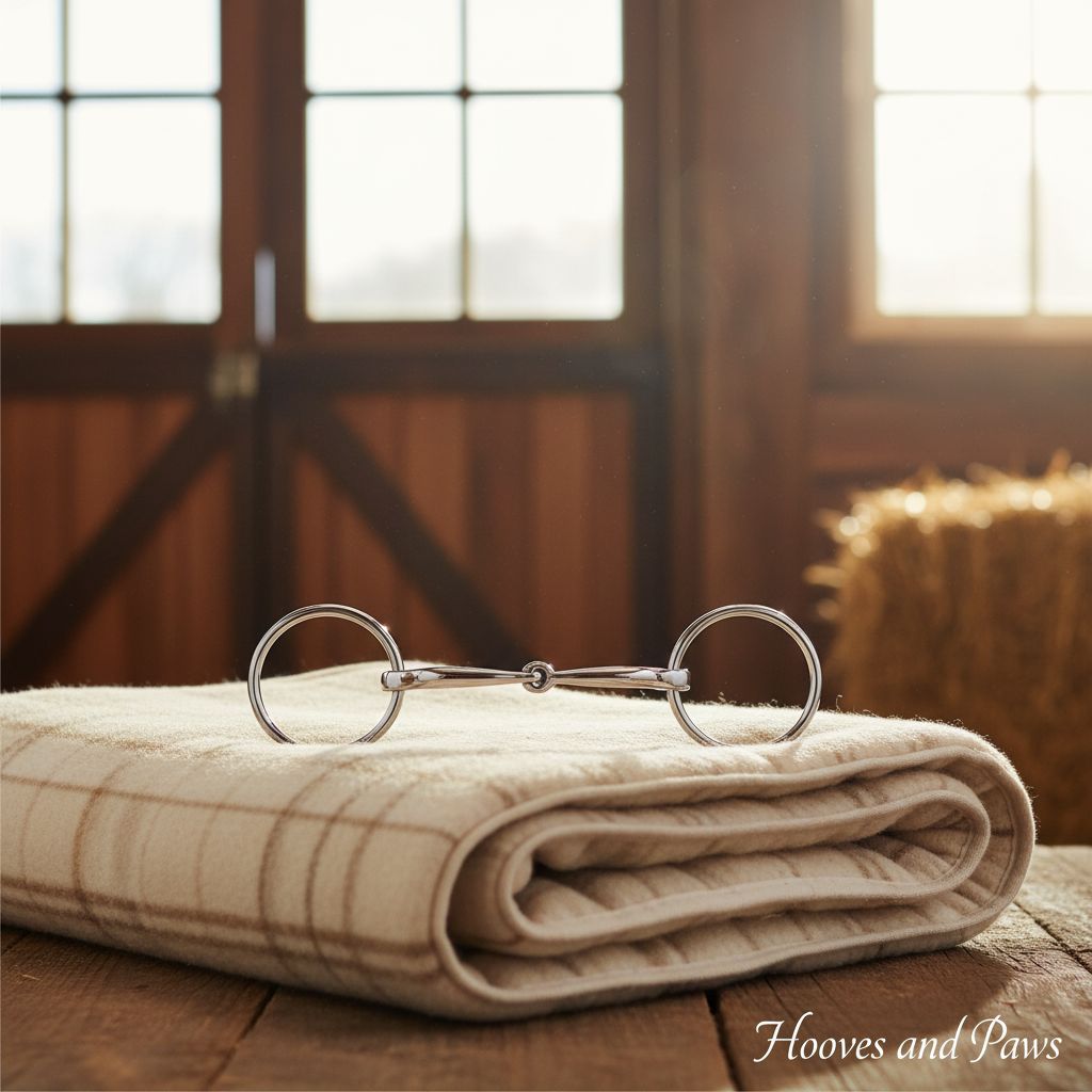 Myler MB 01 Comfort Snaffle horse bit, stainless steel with copper inlay, on a beige plaid blanket in a sunlit rustic barn with hay.