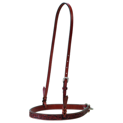 Chestnut leather horse noseband featuring intricate floral carved tooling and white perimeter stitching. This Western equestrian tack includes an adjustable headstall strap with a silver-tone buckle for a secure fit. Braided leather accents at the connection points add a handcrafted touch, making it a stylish and functional addition to any Western bridle or tiedown setup.