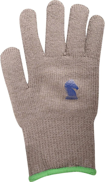 Gray work glove with a blue logo on a white background
