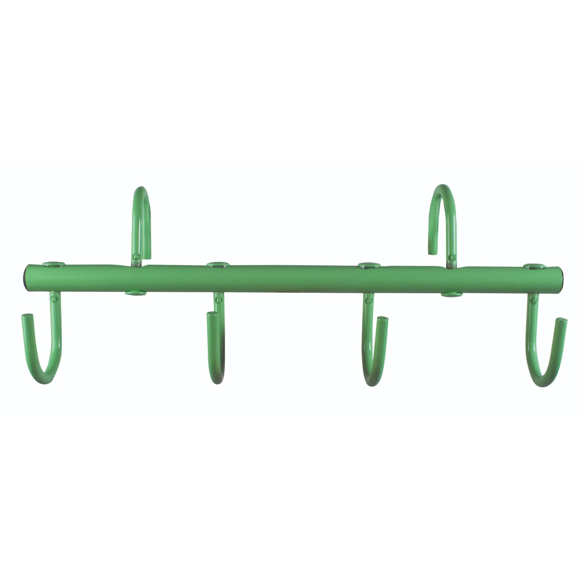 Green 6-hook adjustable metal horse tack rack featuring a durable wall-mount design for stable organization. This versatile equestrian gear rack includes six sturdy hooks perfect for hanging bridles, halters, leads, and other horse equipment. A heavy-duty, powder-coated green finish provides a stylish and rust-resistant solution for keeping any tack room or barn tidy and professional.
